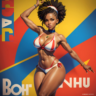 Samba poster, carnival poster, Brazil carnival costume, Brazil Flag in background, Brazil Poster, Samba Union poster, February Revolution, ((Brazilian Poster, Rio de Janeiro Poster)) (((ebony)) 1 mature girl holding up her hand in the air) propaganda Poster, poster, Brazil flag on pole, blue sky with Corcovado, bikini, 1girl, solo, good body, Poster design, poster art style. 1980s, 1950s, 1960s, basic colour scheme, Very colourful poster, colour art, thirds rule, inspiring, samba, dancer, woman, 1 mature girl, ebony woman, hair blowing in the wind, hand high in the air, revolutionary, pointing with finger, red  and blue and white with white star) square backdrop, thick legs large body full length --auto