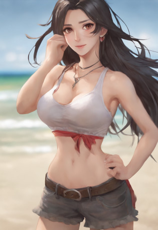 (((masterpiece))), best quality, expressive eyes, ((perfect face)), (detailed face), (((cute))), young, ((huge chest)), photorealistic, realistic, 4k, high quality, outside, beach, smile, happy, legs apart,
Black hair, very long hair, pale skin, red eyes, freckles, ((voluptuous)), solo, clear skin, standing, skinny, toned abs, tifa, tifa lockhart