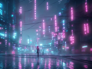 necromance girl, rainy foggy cyberpunk city neo tokyo, cinematic lighting, reflections, 4k, hyperrealistic, focused, high details, unreal engine 5, cinematic, octane render, ray tracing, landscape, detailed simon stalenhag landscape