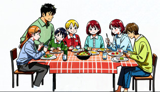 a group of people sitting around a table eating food, family dinner, people at the table, people inside eating meals, at a dinner table, the table is full of food, happy family, everyone having fun, group sit at table, people are eating, illustration], afternoon time, by Nishida Shun'ei, by Gawen Hamilton, dinner table, daily life