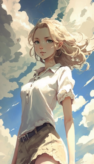 girl in light clothing, style artist oyari ashito, against the sky, sunny day, portrait, serenity, innocence, manga graphics, anime, drawing, light exposure, highlights, highest quality, highest detail, first-person view, light tones, Natural Lighting, Clouds --q 2 --ar 9:16
