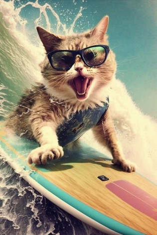 cat surfing on a surfboard, high waves, cat wearing sunglasses, cat has mouth open, polaroid photo --ar 2:3