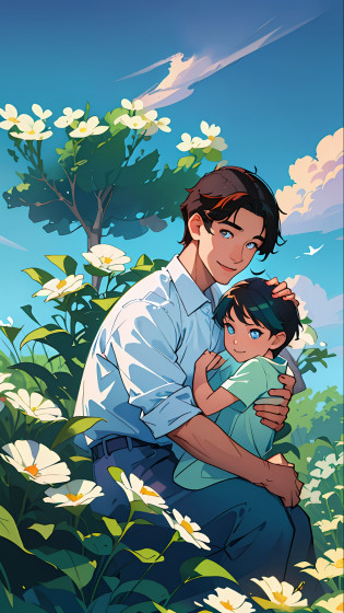 Making Illustrated Posters, Chinese Illustrations, Flat Illustrations, (Young Boy Sitting in Father's Arms), (((Father's Day))), Asian, (Middle-aged Men: 1.2), (((Father and Son))), Father Smiling, Clear Facial Features, (Clear Hands), Smile on Face Happy, Outdoor, Sunny, Blue Sky and White Clouds, Flowers and Green Plants in the Foreground, Colorful, Highly Saturated, Contour Light, Warm and Bright, Colorful, HD 8K, Colored Light Particles, Heterochromatic, (Color: 1.5)
