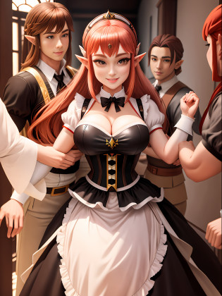 Full body image, ((Princess Zelda in maid outfit and several men around her)) within one meter, Anime style, Mortal Kombat, maximum quality, maximum resolution, maximum sharpness. She has huge breasts, red hair, light brown eyes, her outfit is a black shirt with a white shot and a white corset. They are groping her in different ways. She is happy with a beautiful smile.