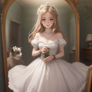 Ah ! je ris de me voir
Si belle en ce miroir !
Est-ce toi, Marguerite ?
Reponds-moi, reponds vite !
Non ! non ! - ce n'est plus toi !
Non ! non ! - ce n'est plus ton visage !
C'est la fille d'un roi,
Qu'on salue au passage ! 
Ah, s'il etait ici !...
S'il me voyait ainsi !
Comme une demoiselle,
Il me trouverait belle.
(Elle se pare du collier.)
Achevons la metamorphose !
Il me tarde encore d'essayer
Le bracelet et le collier !
(Elle se pare du bracelet et se leve.)
Dieu ! c'est comme une main qui sur mon bras se pose !
Ah! je ris de me voir
Si belle en ce miroir !
Est-ce toi, Marguerite ?
Reponds-moi, reponds vite !
Ah, s'il etait ici !...
S'il me voyait ainsi !
Comme une demoiselle,
Il me trouverait belle.
Marguerite, ce n'est plus toi,
Ce n'est plus ton visage,
Non ! c'est la fille d'un roi,
Qu'on salue au passage.