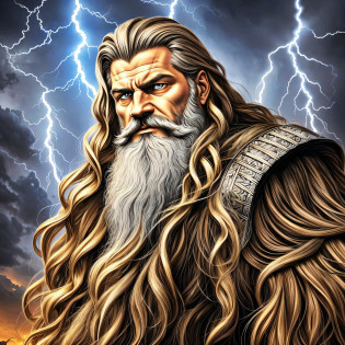 a man with long hair and a beard standing in front of lightning, painted portrait of rugged zeus, furious god zeus, the god of thunder, portrait of rugged zeus, the god zeus, god of thunder, painted portrait of rugged odin, portrait zeus, godrays digital painting, the god poseidon, the allfather, black thor, by Drew Tucker --auto --s2