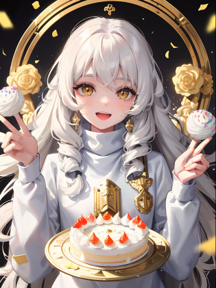 1woman, white long wavy hair, swept bangs, ((golden eyes)), cozy home background, popping confetti poppers, wearing turtleneck, overly excited face, holding cake