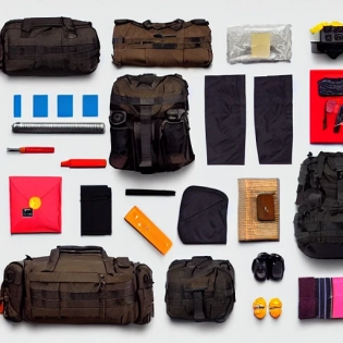 Bugout bag, backpack, diy, emergency, knolling :: Wes Anderson color palette, studio lighting, low contrast, 8k --q 2