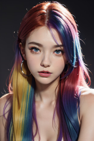 Beautiful redhead with all colored hair: 18 year old redhead, messy multicolored hair, lots of multicolored streaks, colored hair, multicolored hair, long colored hair, multicolored hair, fully colored hair, all colored hair, oil painting, perfect beautiful face with smooth skin, perfect face, colorful blonde, yellow blue colors, light purple and violet additions, light red additions, intricate details, splash screen, 8k resolution, masterpiece, pretty face, digital painting of the artistic station soft colored ink flow: calligraphy: acrylic: watercolor art, professional photography, natural lighting , maximalist volumetric lighting photo-illustration: by marton bobzert: , complex, elegant, expansive , Fantastic