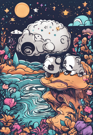 sticker 2d design, a cute adorable panda, for boys and girls t-shirt design, Collage, Clay, Fantasy, 32-bit, 35-70mm, Logo, Accent Lighting, Spectral Color, Pencil drawing, Boken effect, Anime, Kitschy, A winding path illuminated by a million stars.