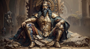 a closeup of a statue of King Herod with beard and a crown, portrait of fayum, gal yosef, medieval old king, hosada, portrait of an old medieval king, portrait of an old medieval king, by Juan Gim�nez, great king of stovokor, portrait of saint of the well, by Bartolomeo Vivarini, Orthodox saint, surrounded by his magicians,  asking for advice