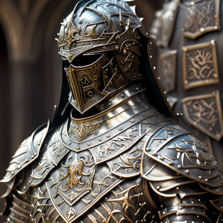 photos Raw, Hyper-realistic ((front bust of medieval male armor)), silver, shiny, super-detailed, war marks, rigid, coarse, highly sophisticated designer, imposing