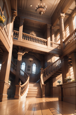 Alafed staircase of large wooden building with wooden railing, Wide grand staircase, rendered in the unreal engine, rendered in unreal engine 5, rendered in unreal engine 3, rendered in unreal engine 6, hdr render in unreal engine 5, rendered in the unreal engine, Inside the Titanic, rendered in the unreal engine?, Unreal Engine 5 rendered, Unreal Engine Rendering Styles