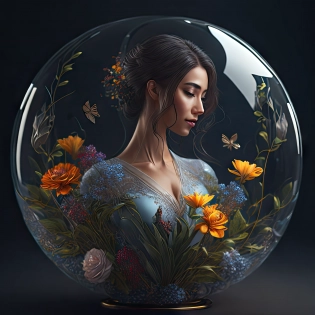 woman in a glass ball with flowers in it| hyperrealistic| photorealistic| sharp focus| 4k
