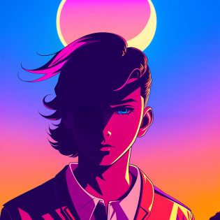 a close up  silhouette of a cool teenager boy standing, sunset illustration, synthwave sunset, art deco outrun anime aesthestic, retrowave art, epic retrowave art, illustration!, synthwave image, vaporwave sunset, ( ( ( synthwave ) ) ), stylized digital illustration, in style of 80s sci-fi art, synthwave