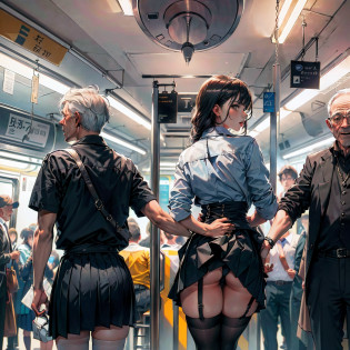 sfv, ((Realistic, Masterpiece)), (Very crowded subway train interior detailed scene), (Very crowded subway train interior detailed background), Stand crazy (Woman 1) Use sexy ((school uniform)), (((lifted skirt))), ((Big ass)), ((Thick)), ((3/4 white stockings)), (Fear expression), Be red in the face, Old skinny old ass touching woman 1 groping woman 1 from behind,(((very old ((Ugly) Skinny)  (Old man black), (Poorly dressed) Press your chest against Woman 1's back))) and (((Hold her waist behind you)))