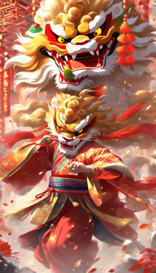 Cantonese traditional culture, China?1girll?lion dance?Awaken the lion?characteristic?The facial features are delicate and beautiful?The black and red lion head is worn on the head?Dance with a lion's head in both hands?jubilation?