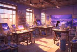 in an art studio,one artist is working in the back, her back is shown. Large art supplies are scattered around the room, creating a sense of creativity and messiness. The scene is immersed in a dark purple ambiance, which adds a mysterious and artistic atmosphere. The art supplies are vividly colored and have a variety of textures, including paintbrushes, paint tubes, canvases, and palettes. There are also unfinished artworks on easels, showing the artist's ongoing projects. The lighting is dim, illuminating only the artist's workspace, creating a focused and intimate environment. The overall image quality is of the best quality, with every detail and texture rendered in high resolution. The style of the artwork leans towards realism, capturing the intricacies of the art supplies and highlighting the artist's dedication and passion. The color palette is dominated by shades of purple, creating a dramatic and moody tone. The prompt focuses on capturing the artist's process and the atmosphere of the art studio, while emphasizing the importance of the art supplies and the artist's dedication.