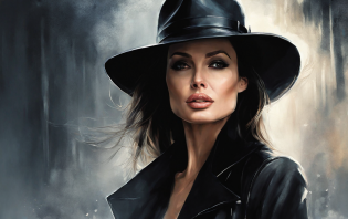 A realistic masterpiece featuring the face of Angelina Jolie, featuring a private detective wearing a fedora hat, black pants, black overcoat and black leather boots.  She reveals the true conspiracy to everyone involved, with the authorities arriving to arrest the culpritsA realistic masterpiece featuring the face of Angelina Jolie, featuring a private detective wearing a fedora hat, black pants, black overcoat and black leather boots.  She reveals the true conspiracy to everyone involved, with the authorities arriving to arrest the culprits Fantasy Art