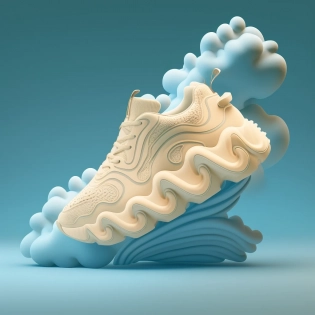 cream color palette running sneakers designed by kanye west and jacquemus, elegant, luxury, fluffy blue cloud shape in the background, volumetric lighting, octane render, product shot, 8k, high detail, intricate detail --s 750 --q 2