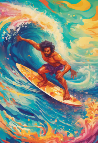 a man surfing a wave,listening to music,on a sunny day,in the blue sea,with the flag of the Dominican Republic,illustration,oil painting,ultra-detailed,photorealistic,best quality,4k,highres,(vivid colors,brilliant hues),water splashing,foaming waves,shimmering water surface,crashing wave,peaceful atmosphere