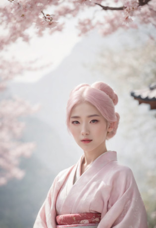 A hyper-realistic, Highly detailed, High resolution 16K image of youth, Beautiful female ghost or guardian spirit. She has pale pink hair and translucent skin, Wear a traditional kimono of Japan with a small cherry blossom design on the obi. This image is?It captures the ethereal beauty and mystique of the spirit world. The style is inspired by delicacy, Soft aesthetics found in Japan traditional performing arts.