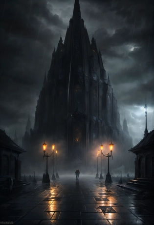 Cyberpunk style temple, Warhammer 40k, dark fantasy, rain, mist, high quality, realistic, high detail, epic, dramatic, ominous, gloomy illumination, foreboding, IMAX , <lora:add_detail:1>, 16k, UHD, HDR, (Masterpiece:1. 5), (best quality:1. 5)
