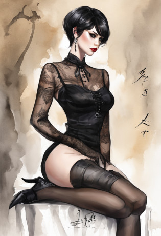A portrait of an alluring goth girl with short black hair, a small bust, and a curvy figure posing with her finger gently pressed against her lips as she gazes downward. She sits on the floor, her legs partially crossed wearing a short, black pleated skirt that reveals her pale thighs and sheer black thigh-high stockings. Her jet black, pixie-cut hair frames her face. She wears dark purple lipstick that matches her black corset, accentuating her tiny waist and ample hips. A black choker collar sits around her elegant neck. Her eyes are cast downward with alluringly darkened lashes. She exudes a mysterious yet beguiling aura. The lighting accentuates the contours of her curvy, petite posed form and clothing details. The nondescript background keeps the focus on her gesture and outfit. The image is photorealistic with intimate detail.