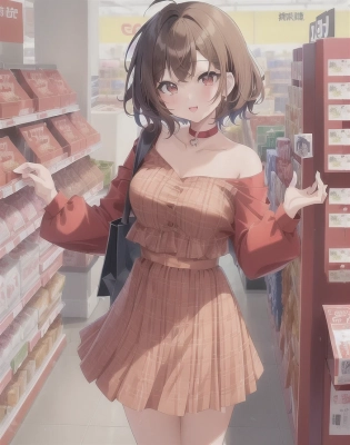1girl, alone in image, perfect anime illustration, happy, closeup, painting, ahoge, short hair, bobcut, best brown girl hair, hazel eyes, pretty girl in walmart, store, shopping cart, 6:00 pm, casual outfit, red outfit, red, cute, aesthetic. (best quality:1. 2), animated lighting, octane render, bright mood, walking alone, fashion, anime, masterpiece, trending, detailed fanart, anime faces, dynamic pose, smile