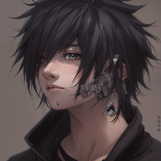 obra-prima, melhor qualidade, 4k, perfect  lighting, olhos detalhados, rosto perfeito, piercing na orelha, piercing no nariz, menino com cabelo preto e piercings, sentado na frente de um computador, menino emo com orelhas de gato, cara emo bonito, orelhas pretas do gato, menino emo, menino tem cabelo preto curto, estilo anime