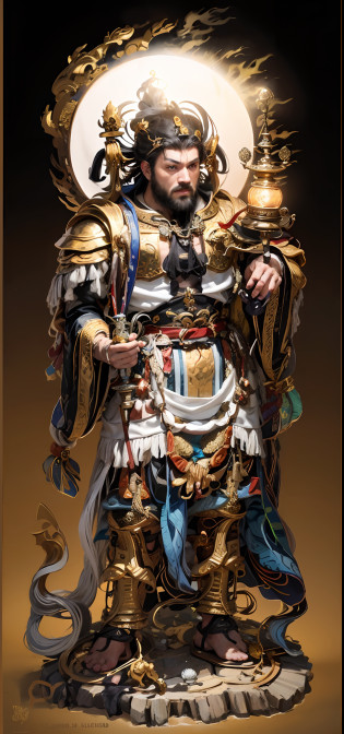 Handsome man, mythical character?King Tota?(((com um rosto quadrado)))?nobles?The king?Shogun?One meter nine?small heads?long leges?Tall guy?com um rosto quadrado?Strong facial muscles?Peng Yuyan??((little beard))?,(((One hand holds a sword:1.1)))?One hand to the Toh Pagoda?1.1)))?Basketball player body proportions?Roman model?European people?looking toward the viewer?Blue pupil?The body is well-proportioned?Long legs?Straight back?Fitness trainer?Movie stars are glamorous,(((Heads-up)))?Handsome?Westerners?muscular face?Muscular body?Perfect proportions?The muscles have expressions in both eyes?King Yan Luo stared ahead?(((Golden lotus throne)))?The man wears a white shirt?(((Ancient Roman clothing)))?silkouette?White yarn?There are muscles?(((Ancient Roman white clothes)))?Shirtless??(((Head background with round light)))?(((Behind it is the sun)))?(((The man emits a bright and dazzling light)))?King Yan took away the metal weapon?Take the Skeleton Staff as an example?Barefoot on both feet?Step on the nasturtium?photorealestic?professional photoshooting?Realiy???????tmasterpiece?
