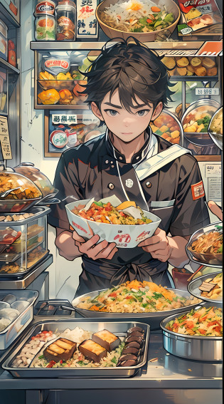 A young and promising male chef stands in front of a snack cart?His face was filled with confidence and determination?The snack cart is decorated with brightly colored signs?It is filled with all kinds of delicacies?It's bustling all around?crowd of:1.5??All were attracted by the fried rice in his hand?
