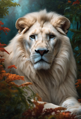 White lion, Wet fur, Brightly colored vegetation in the environment, ultra-detailliert, intricate artwork, 8K ultra-realistic cover photo with dazzling colors, Illuminate the night in the background, Convoluted. Defining Blockbusters, Cinematic, A realistic masterpiece of photography in 8K resolution: