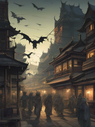 An illustration of strange beings such as demons and monsters moving in groups.

Time of day: night
Location: Japanese town
Person: Strange beings such as demons and monsters
Characteristics of the presence of anomalies:
have a different appearance and abilities from humans
There are various types such as demons, monsters, and monsters.
scene:
Strange beings are moving in groups through the city at night.
The grotesque existence melts into the darkness of the city at night and emits an eerie presence.
In the illustration based on this prompt, strange beings such as demons and monsters move in groups through a city at night. The grotesque presence melts into the darkness of the city at night and emits an eerie presence.