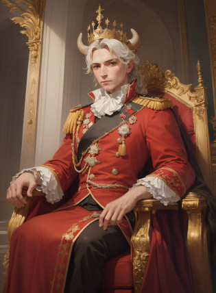Three-quarters side?Dressed in red aristocratic clothing?Arapei sits in a red chair wearing a crown, majesty in noble clothes, royal portrait, Inspired by Horace Vernet, inspired by Nicolaes Maes, portrait of a king, royal portrait painting, royal emperor, Inspired by Nicolas Eliasson Pikenoi, author?Thomas Dazier, dignified aristocrat, The royal costume head is a bull's head, And the body is the human body?The hand is a cow's hooves?photorealestic?Unreal Engine 5