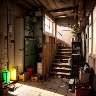 abandoned houses?Stacked cardboard?Dojunkai Apartment Surreal and very detailed illustration?Image with objects very loaded?Dirty cement stairs with cracks?a trash can?Metal wall?cables?pole?Rusty pipe?Wall pipe?Electricity Meter?Gray and dark walls? Empty box?Paint on damaged walls?Metal and rusty scrap?mechanicalparts(rusty?Brownish)?Dim lighting?Very dark landscape shadows?Red and green neon lights?moisture??wooden?early evening?Toys?cute little?Lots of green empty bottles?Luggage storage?Blower --auto
