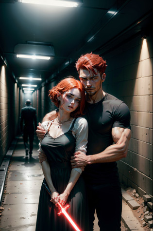 A man holding a red-haired woman with short hair in his lap and a light saber in a man's hand, 1 man with black hair, back to the camera, camera behind, against the backdrop of a tunnel at the end of a tunnel in a city at the end of the tunnel, standing, full body, 4k, film coloring, several zombies in front of them