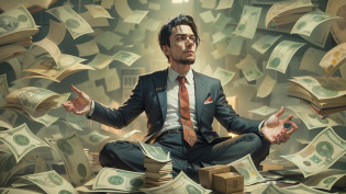 A detailed painting of an outsider in a suit, Surrounded by a barrage of dollar bills, Aim for a?Financial freedom formula?One book as the center.