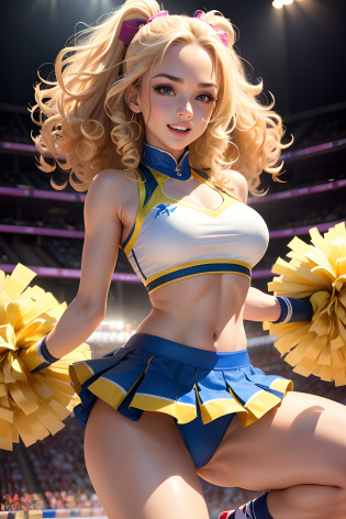 hot blonde cheerleader,cheerleading outfit,pom-poms,in motion,energetic,enthusiastic,beautiful detailed eyes,beautiful detailed lips,blonde hair flowing,curly hair,bright smile,fit physique,excitement,crowd cheering,vibrant colors,best quality,ultra-detailed,photorealistic,portrait lighting,bold and dynamic poses,fierce determination,stadium lights,exhilarating performances,cheerleading competition,athletic stunts,high jumps,fast-paced routines,great teamwork,dynamic formations,backflips,powerful kicks,flexible stretches,incredible athleticism,flawless timing,electric atmosphere,amazing acrobatics,intense expressions,megaphone shouting,cheers and chants,confident and poised presence,cheerleading championship