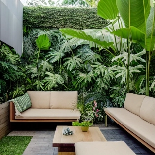 high resolution photography landscape design, without wall, absolutely open and blended with the garden, flat space, monstera deliciosa and other tropical plants, dreamy space for conversation pit, micelio and wood for the floor, lilliums, bauhaus furniture and decoration, high ceiling with small windows, beige blue salmon pastel palette, landscape design magazine, cozy atmosphere