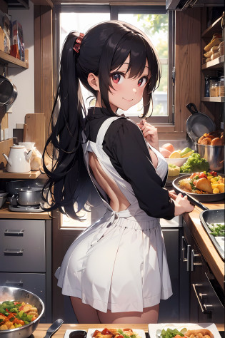 (8K, Raw photography, top-quality, ?masterpiece:1.2), 1girl in, 3 d,A dark-haired?The long-haired?poneyTail?posterior view?backless dress?pinafore?a miniskirt?Asian, Home kitchen?frying hands?pans?In the middle of the meal?(natta:1.2)?A smile?