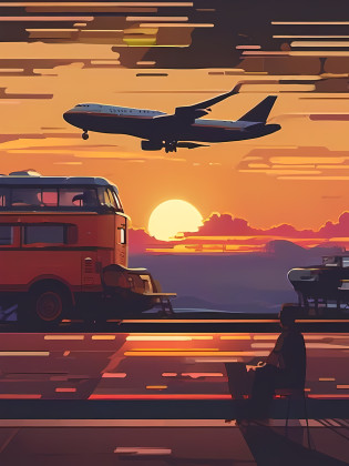 cine-realism, cinematic visuals, narrative storytelling, dramatic lighting, captivating compositions, evocative moods, filmic style, Illustration inspired by the opening of the Friday Roadshow?Location?Mare?At the venue?A ship is passing by?Big sunset on the horizon?Very big sunset?A passenger plane is passing in front of the setting sun?Silhouette of a passenger plane?Airliners are?B-747?Dyed background of sunset?Very nicely dyed background?