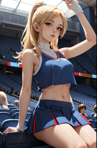 1lady solo, U.A. CheerUniform, red & blue pom pom /(cheerleading/), /(sky blue crop top & skirt/), mature female, /(blond hair/), rbf, (masterpiece best quality:1.3) delicate illustration ultra-detailed , medium breasts/(sports stadium indoors seat audience/)