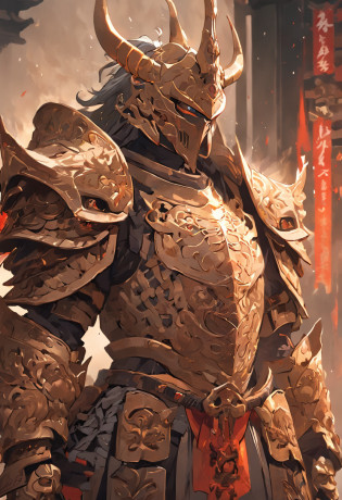 Guerrero, concept-art, author?Kishiganku, Fantasy art, Background of a Zen temple, clean render, United Nations, with armour, Detailed bushido forms smoke, helmet of a forgotten deity, character is standing, 8k realism, in game render, Detailed details of the face background, Art Station homepage, taur, Pseudo-medieval fantasy, A deity wearing koi armor, detailed bronze armor, Bronze armor, Engraved with gold armor, gold obsidian armor, Light gold armor, Gorgeous filigree armor, A demonic warrior, Gorgeous armor full of thorns, Assasin's intricate armor, Intricate metal armor, Guerrero is intimidating, Dressed in gorgeous gold armor?Decorated with intricate patterns, Helmet with a large crown and two horns, Everything against darkness, The smoky background hints at battle scenes, The man who gave him an ominous aura