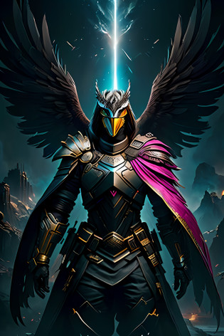 Eagle Falcon Warrior?Eagle head mask?Hawkeye?Eagle beak? An eagle warrior with an eagle falcon face and wings stands in front of the alien city,Close-up of the eagle falcon?Huge wings glow? Beautiful and elegant King Falcon,The head is the head of an eagle???best qualtiy??? ??tmasterpiece??? ?high detal?1.3?? 3D? Machine gun in hand??cyber punk perssonage?1.2? special ops? robbot??Armed uniforms?1.1?? bulletproof vest? raincoat? number ?disguise? 1.3??Symmetrical epic fantasy art, hdr?HighDynamicRange?? Ray traching? NVIDIA RTX? ?????? Unreal 5? sub surface scattering? PBR textures? post-proces? Anisotropic filtering? depth of fields? Maximum clarity and sharpness? Many-Layer Textures?Albedo and reflection maps?Surface coloring?Accurately simulate the interaction of light and materials?Ideal proportions?rendering by octane?bicolor lighting?largeaperture?Low ISO?White balance?trichotomy?8K raw data?Effective subpixels?sub-pixel convolution? Symmetrical epic fantasy art,  Lei Zhenzi is in the list of dedications, The head is an eagle falcon? fuchsia skin beneath the armor, Thunder Mako, fuchsia skin below the armor,  Detailed digital 2D fantasy art, Epic fantasy art style HD, 8K fantasy art, King of Birds