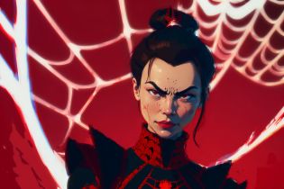 Azula, portrait, calm, relaxed, looking down, sad, (spider-man suit:1.1), white smoke clouding around below shoulders, abstract (dark red:1.5) sharp background with chromatic aberration, (black dot pattern background:1.3), (web pattern background:1.3), skin wrinkles done with light lineart, <lora:Azula:1>, <lora:ahe:0.5>