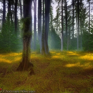 enchanted forest :: dark forest many trees and low bushes in the foreground :: bushes and grass should be in the foreground :: small yellow fireflies fly around :: little volumetric lighting