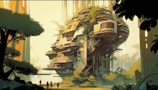 Wide shot angle of futuristic forest city with interconnected glass walkways from sustainable architecture structures built into massive trees with tropical biome, redshift render by syd mead::1 medium angle shot of futuristic treehouse metropolis with brutalist buildings built into the flora with people sitting standing walking around the complex, concept watercolor by John Harris::1 city of the future, hyperrealistic, colorful, intricate detail, bold contrast lighting::0. 6 --ar 16:9