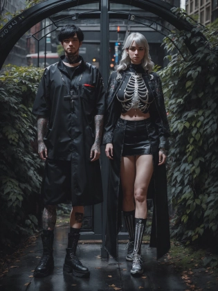 (Canon DSLR, Hasselblad, Nikon, Fujifilm, Kodak, RAW Photo, 300mm lens, ultra-wide angle, outdoors, full body couples portrait, fashion shoot, runway model, professional photo shoot, studio lighting, set in a lush forested solarpunk ruined skyscraper in a post-apocalyptic city, a college aged amateur couple in a casual pose, a boy and a girl who are both emo Caucasian white and norwegian, the girl is an alt girl pawg with a big ass and beautiful thick and round thighs with long wavy white hair hair and thicc and chubby with mascara and eyeliner, hairy armpits, the guy is handsome and muscular with a hipster dyed black haircut, they both look happy and confident, their hands are are in their pockets, :1. 4), (wide hips:0. 95), (natural C cup breasts:1. 1), (freckles, peachfuzz:0. 9), pale white realistic skin, skin pores, (mole:0. 8), looking at viewer, they are both wearing matching Kryptic Key outfits featuring a hanfu gothic industrial style in the darkest black fabric crafted from organic hemp fiber and featuring an asymmetric cut that's a nod to cyberpunk nonconformity, (Down the arms vibrant neon embroidery outlines intricate gothic arches symbolizing doorways to hidden knowledge, Across the front of the top is a large skeleton key embroidered in metallic silver thread acting as a cryptic centerpiece:1. 4), they are also wearing Black straight-cut jeans made from a blend of hemp and recycled synthetic fibers with additional panels of material sewn into the thighs and knees invoking an industrial worker's uniform with the hems left raw, they are also wearing silver pendants in the shape of a skeleton key on a black silk cord and heavy black boots with visible steel tips and key embossed silver buckles with vibrant neon shoelaces, (realistic and beautifully detailed eyes:1. 0), (HDR, bokeh, soft black vignette:1. 1), (masterpiece:1. 1), (intricate details:1. 1), (300mm, wide angle, Raw photo:1. 1), masterpiece, <lora:LowRA:0. 4>, <lora:detailmaker:0. 7>, <lora:Sharpness_Tweaker_V3:0. 17>, <lora:Saturation_Tweak:0. 2>, <lora:Brightness_Tweak:-0. 088>, <lora:FilmG3:0. 1>