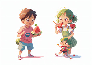 cartoon boy and girl eating watermelon clipart, material is!!! watermelon!!!, wearing a melon, hd illustration, boy and girl, watermelon, by Yamagata Hiro, watermelons, by Akihiko Yoshida, children illustration, cute artwork, various pose, fight with strawberries, by Kinichiro Ishikawa, by Kose Kanaoka